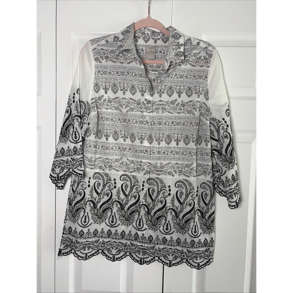 Chico's Paisley Embroidered Tunic Womens Size 1 M White Black Cotton Button Down